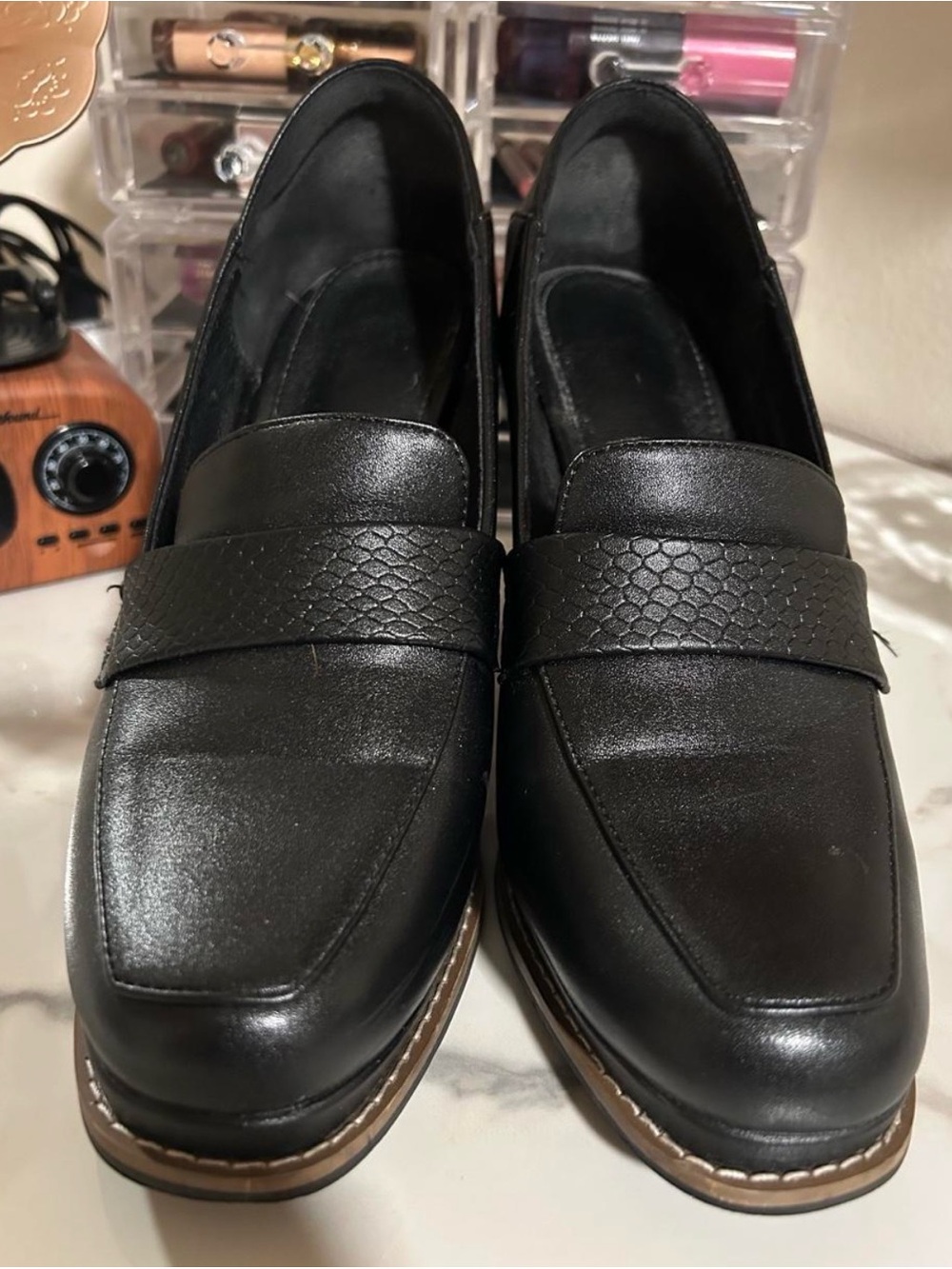 Black Faux Leather Loafers with Textured Strap